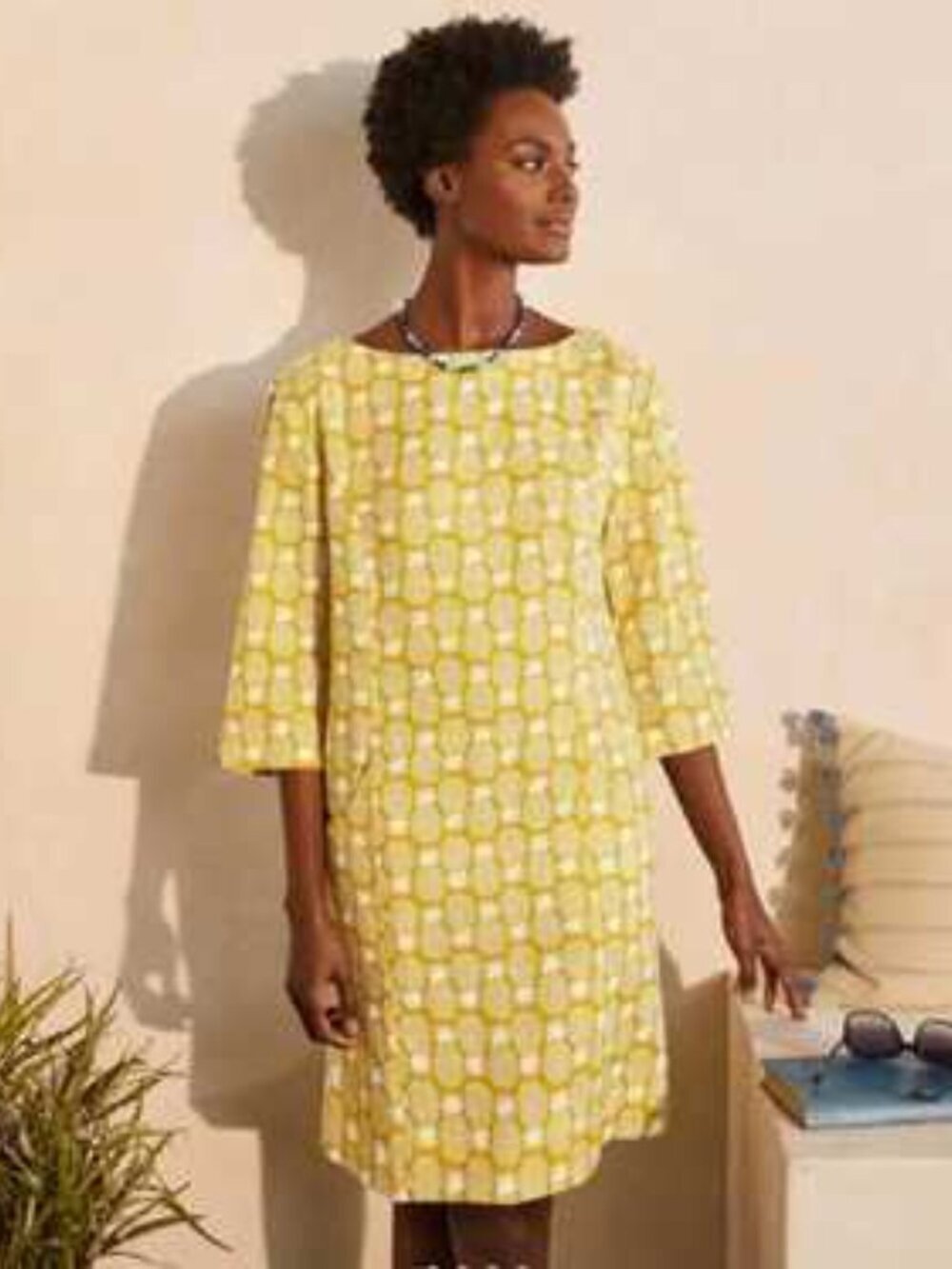 Women's Boden Laurie Linen Dress Chartreuse Pineapple Geo Print size 10R